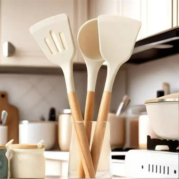 Silicone Cooking Utensil Sets Wooden Handle Ladles