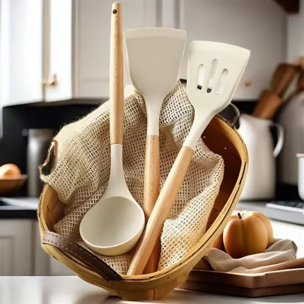 Silicone Cooking Utensil Sets Wooden Handle Ladles