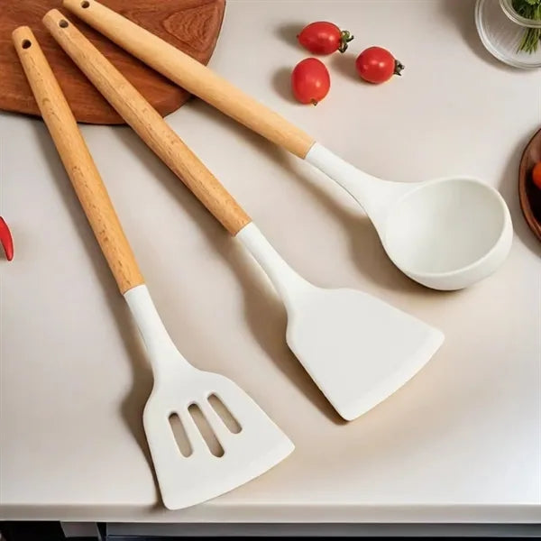 Silicone Cooking Utensil Sets Wooden Handle Ladles