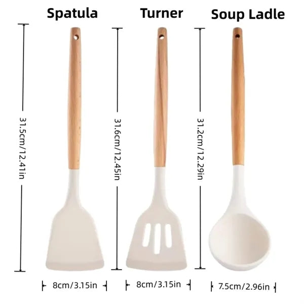 Silicone Cooking Utensil Sets Wooden Handle Ladles