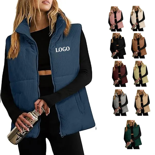 Corduroy Stand Collar Sleeveless Jacket