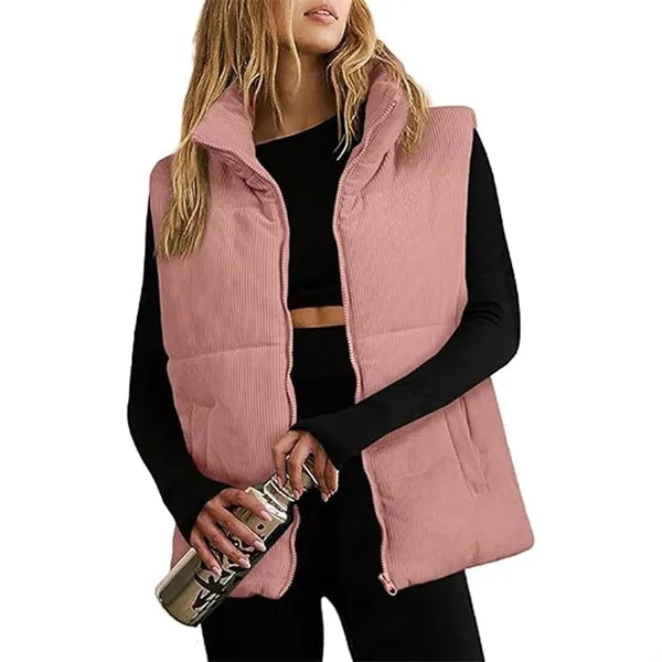 Corduroy Stand Collar Sleeveless Jacket