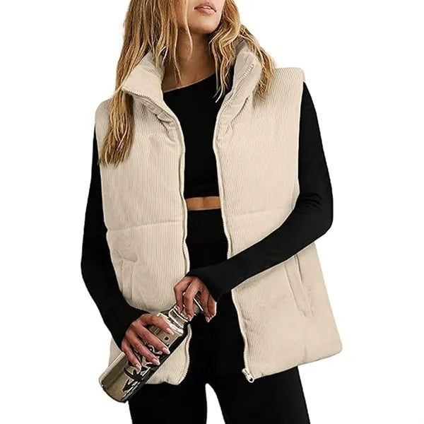 Corduroy Stand Collar Sleeveless Jacket