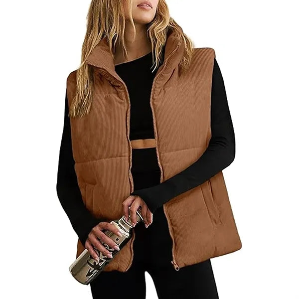 Corduroy Stand Collar Sleeveless Jacket