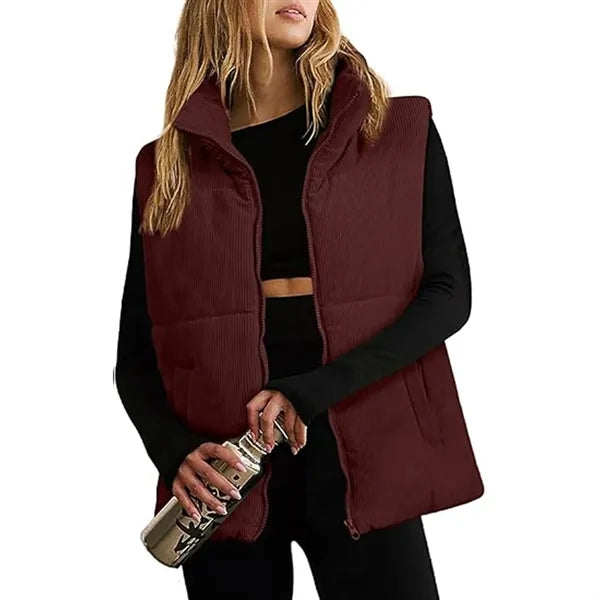 Corduroy Stand Collar Sleeveless Jacket