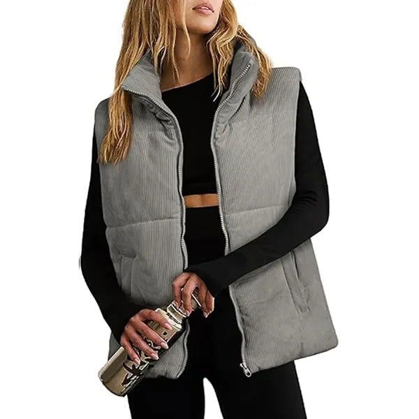 Corduroy Stand Collar Sleeveless Jacket