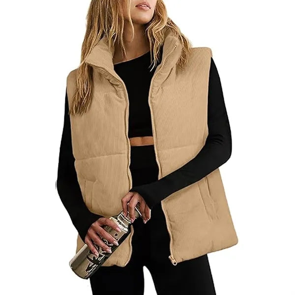 Corduroy Stand Collar Sleeveless Jacket