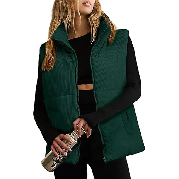 Corduroy Stand Collar Sleeveless Jacket