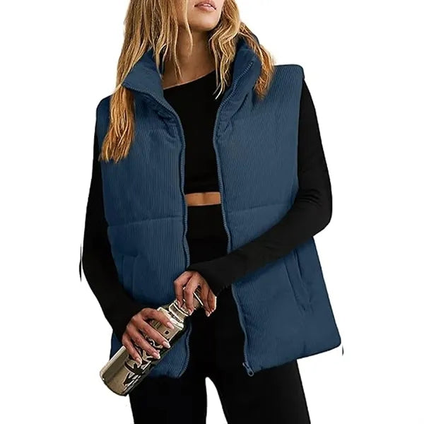 Corduroy Stand Collar Sleeveless Jacket