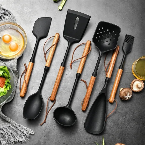 Premium Silicone Kitchen Utensil Set With Wood Kit