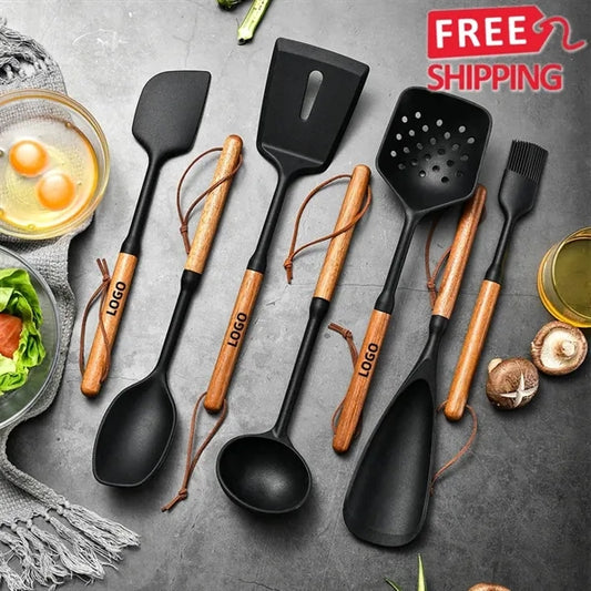 Premium Silicone Kitchen Utensil Set With Wood Kit