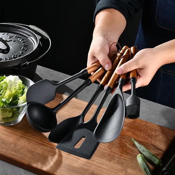 Premium Silicone Kitchen Utensil Set With Wood Kit