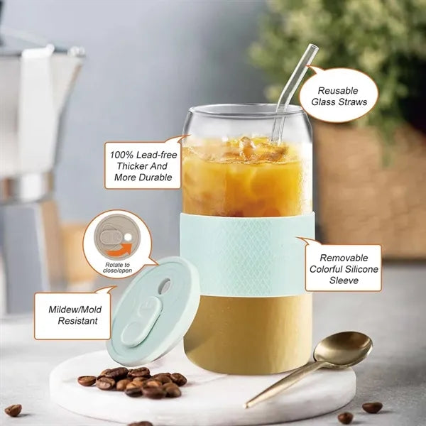 16 oz iced coffee cup glass tumbler with lid and straw