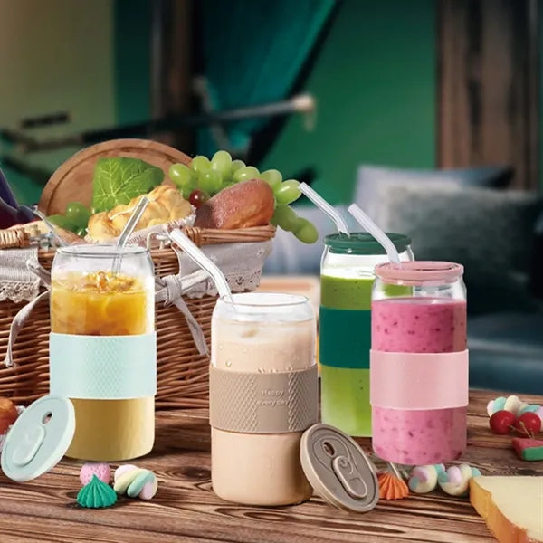 16 oz iced coffee cup glass tumbler with lid and straw