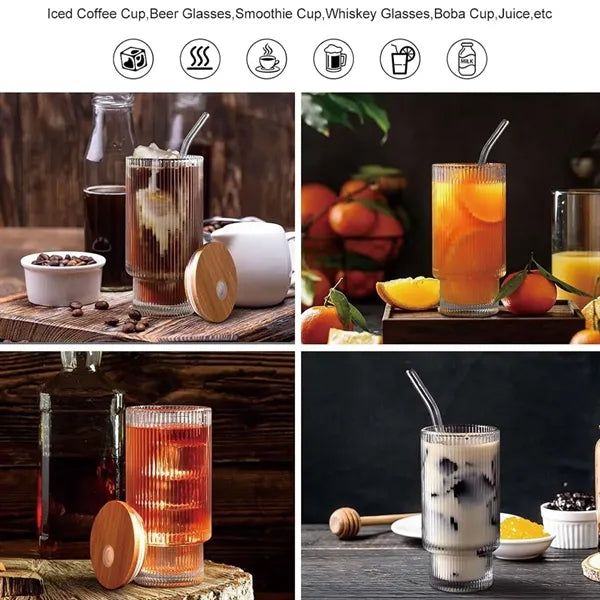 12.8 oz ribbed glass cup with lid and straw for iced coffee