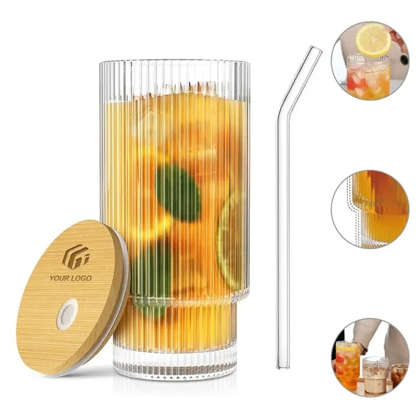 12.8 oz ribbed glass cup with lid and straw for iced coffee