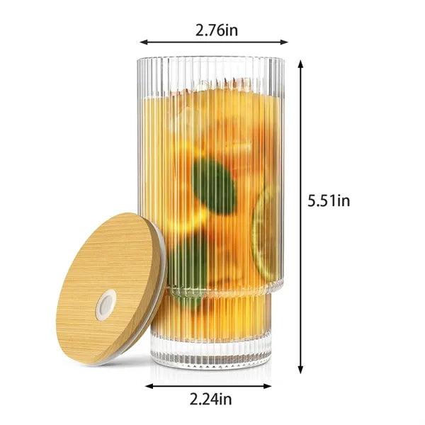 12.8 oz ribbed glass cup with lid and straw for iced coffee