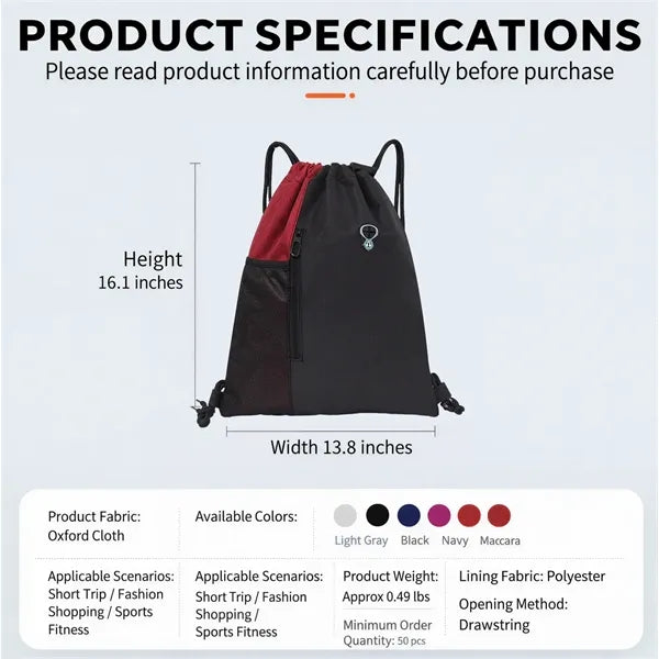 Two-tone Oxford Drawstring Backpack with Zipper Pocket