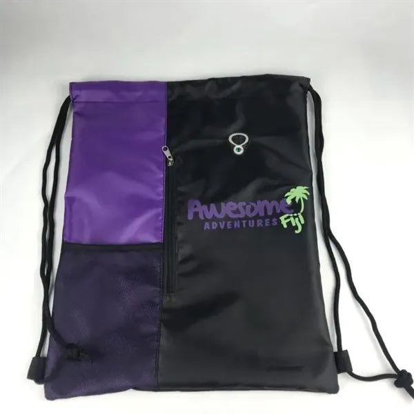 Two-tone Oxford Drawstring Backpack with Zipper Pocket