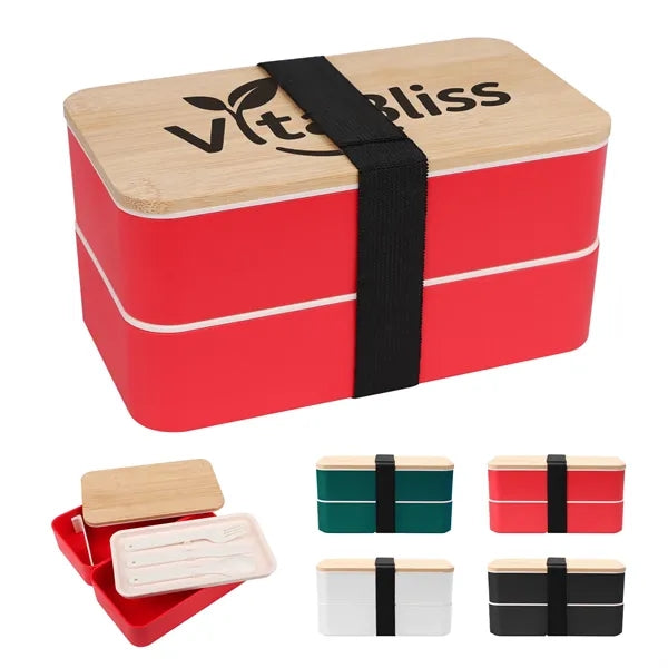 Stackable Bento Lunch Box W/ Bamboo Lid & Utensils