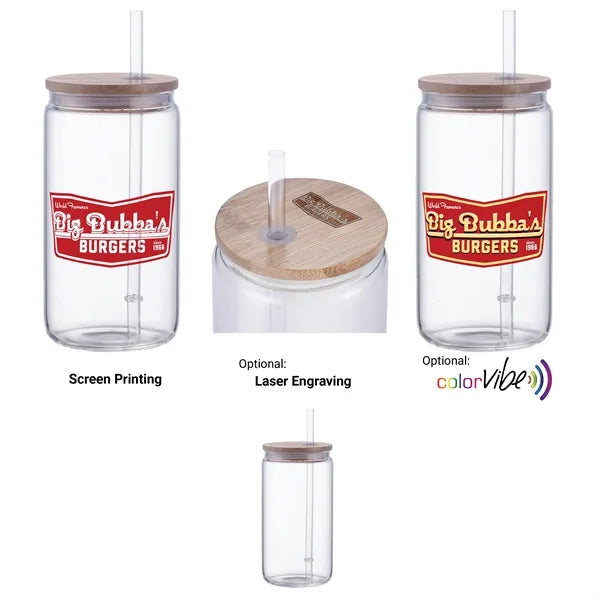 18 oz Glass Tumbler with Straw and Bamboo Lid