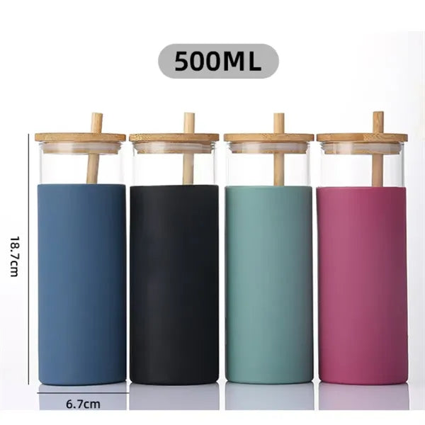 16 OZ Silicone Cup Sleeve with Bamboo Lid and Straw