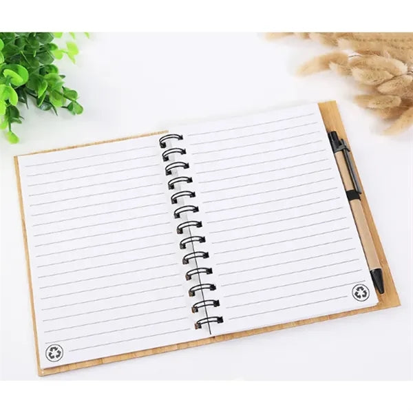 Wooden Cover Spiral Notebook with Bamboo Pen