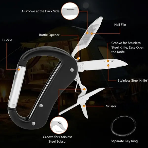 Multi-Tool Carabiner Clip with Foldable Knife and Scissors