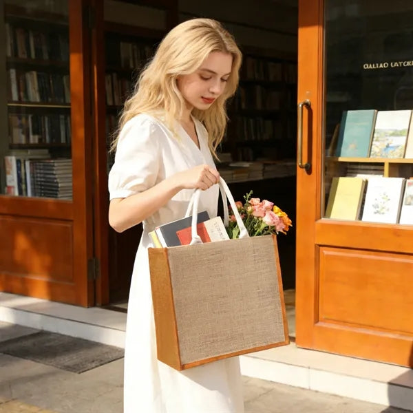 Two Tone Jute Grocery Tote Bag W/ Gusset 13"x14"x5"