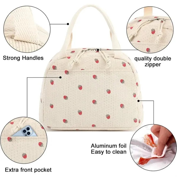 Cute Insulated Corduroy Lunch Tote Bag Women Adult