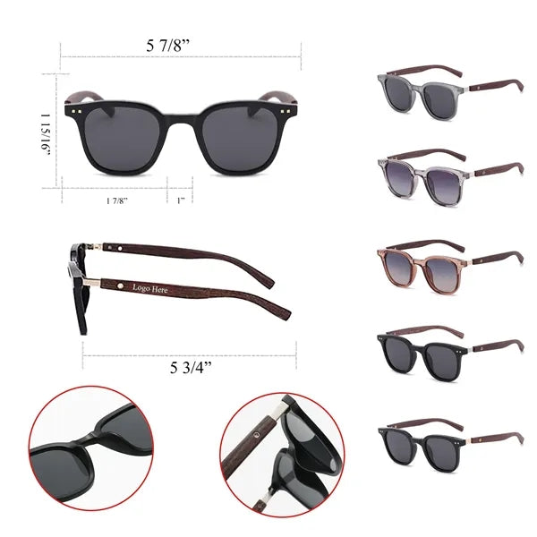 Wood Grain Temple Rivet UV Protection Square Sunglasses