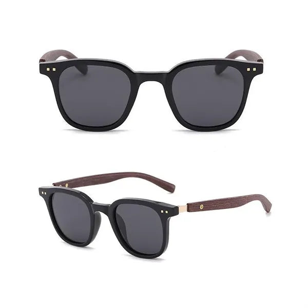 Wood Grain Temple Rivet UV Protection Square Sunglasses