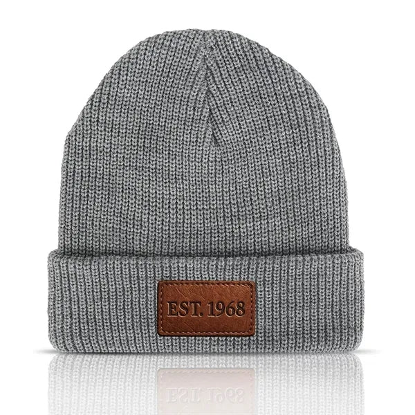 Cuffed Knit Beanie with Faux Leather Patch