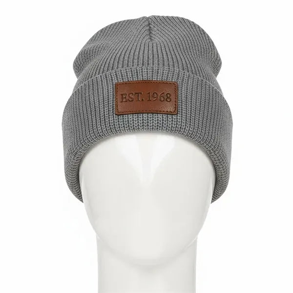 Cuffed Knit Beanie with Faux Leather Patch