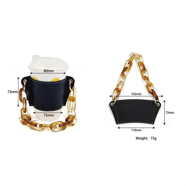 Leather Cup Sleeve With Pearl Chain Strap