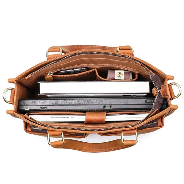15in Leather Briefcase for Men with Double Front Pockets