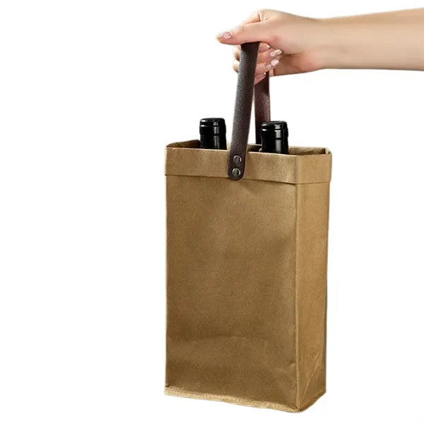 Washable Eco-Friendly Paper Wine Bag with Leather Handle