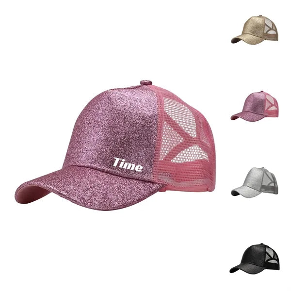 Ponytail Vintage Sports Glitter High Bun Hat
