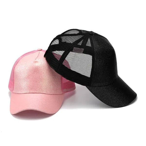 Ponytail Vintage Sports Glitter High Bun Hat