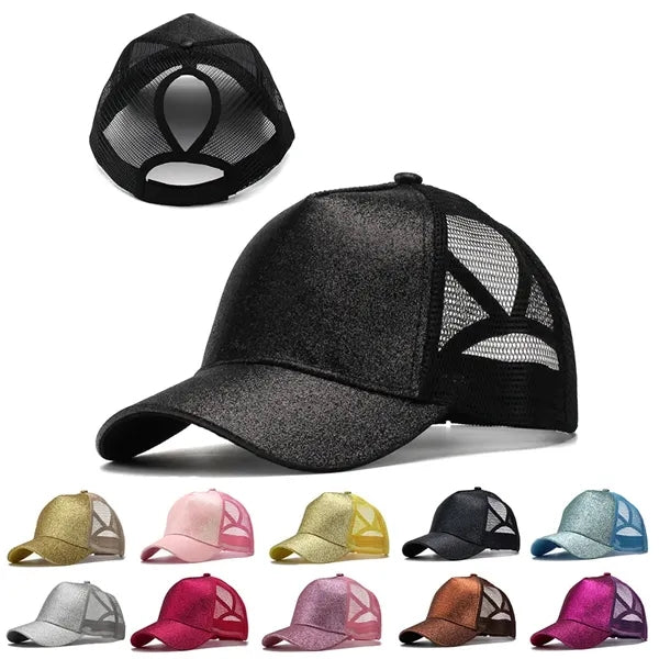 Ponytail Vintage Sports Glitter High Bun Hat