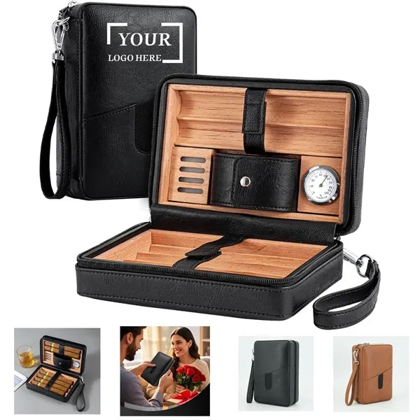 Portable Cedar Wood Lined Leather Travel Cigar Humidor Case