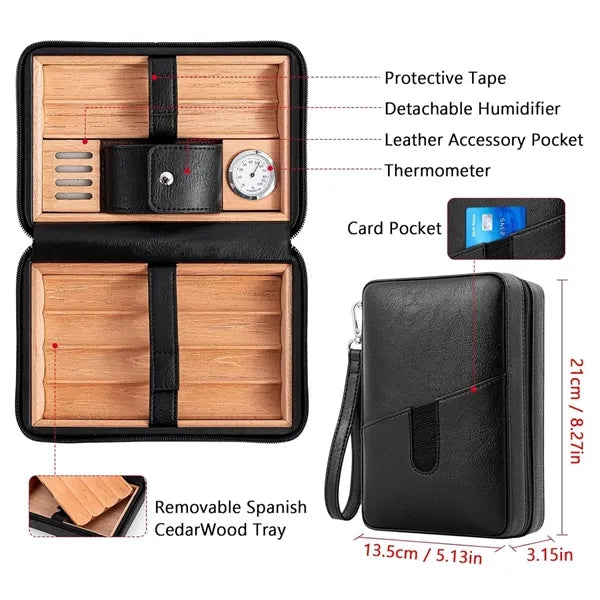 Portable Cedar Wood Lined Leather Travel Cigar Humidor Case