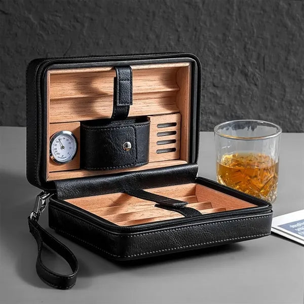 Portable Cedar Wood Lined Leather Travel Cigar Humidor Case
