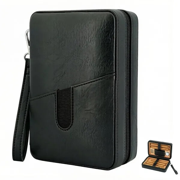 Portable Cedar Wood Lined Leather Travel Cigar Humidor Case