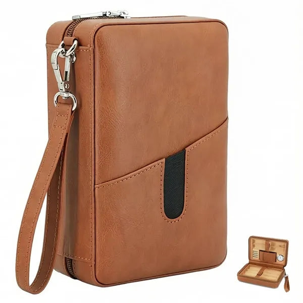 Portable Cedar Wood Lined Leather Travel Cigar Humidor Case