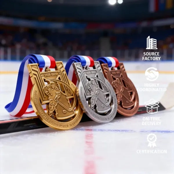 Gold silver and bronze ice hockey sports medals