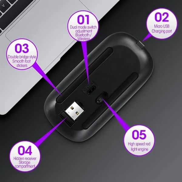Slim Rechargeable Bluetooth Wireless Mouse with USB Receiver