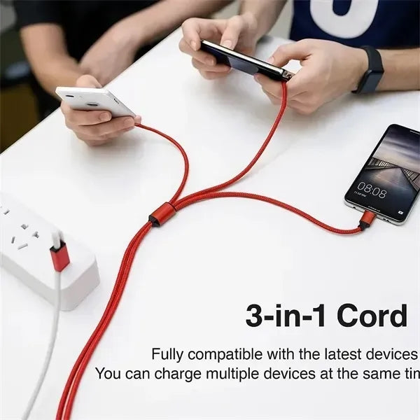 Braided 3 In 1 Fast Charging Data Cable With LED Indicator