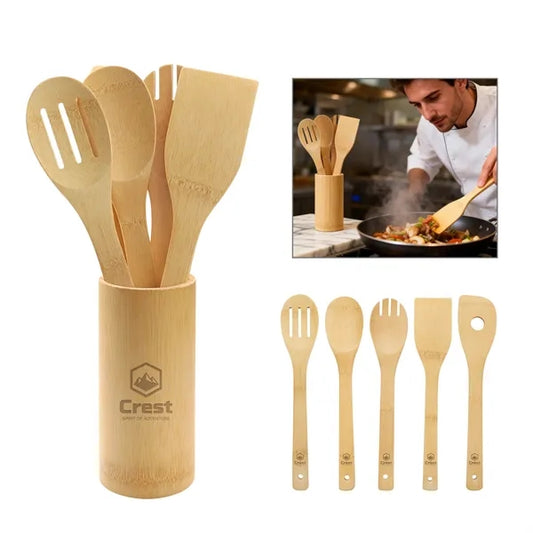 5 Piece Bamboo Kitchen Utensil Set With Holder