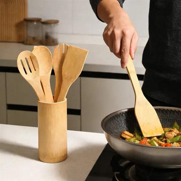 5 Piece Bamboo Kitchen Utensil Set With Holder